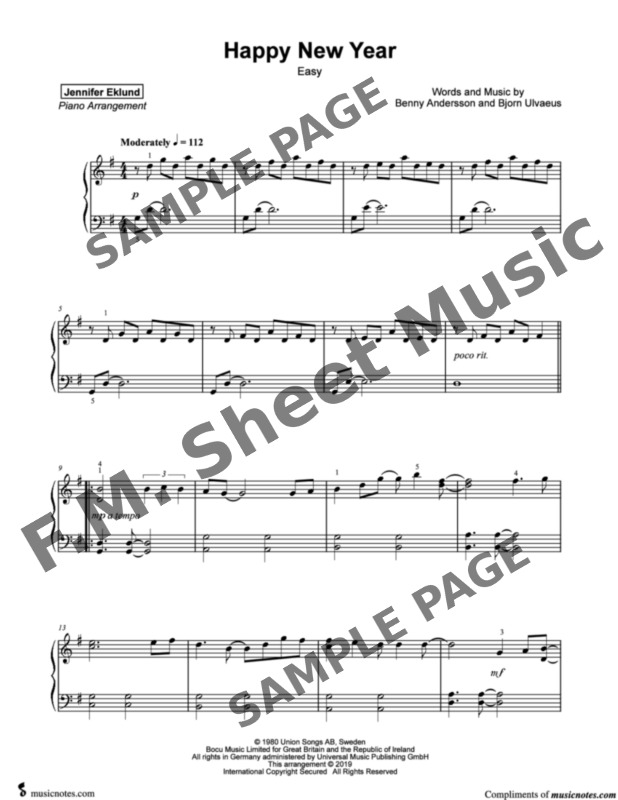 happy new year abba free piano sheet music